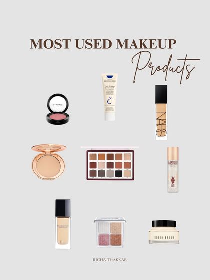 A flat lay of my most-used makeup products from the past year. These are the tried-and-true heroes that help me create flawless and long-lasting bridal looks.