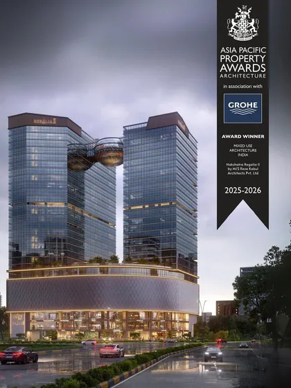 A render of Nakshatra Regalia II, which won Best Mixed Use Architecture in India. The design is a landmark development combining premium office spaces, retail, and fine dining.