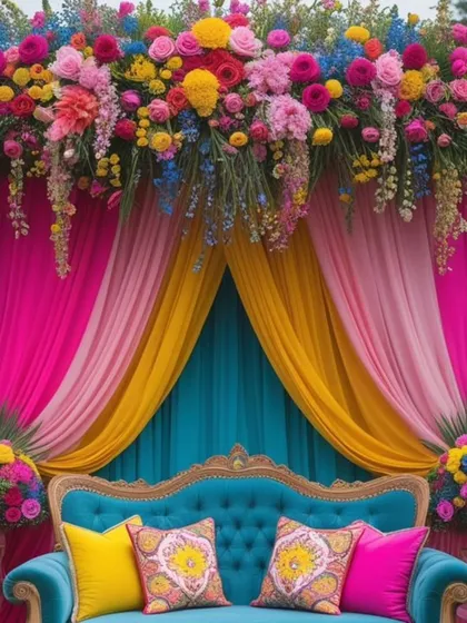 This design is all about color. A bold floral arch with a rainbow of flowers is paired with a bright blue sofa for a joyful and energetic mehendi celebration.
