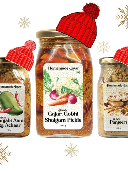 Our winter favourites all dressed up. The seasonal Gajar Gobhi Shalgam, the all time favourite Punjabi Aam ka Achaar, and the nutritious Panjeeri are perfect for the cold weather.