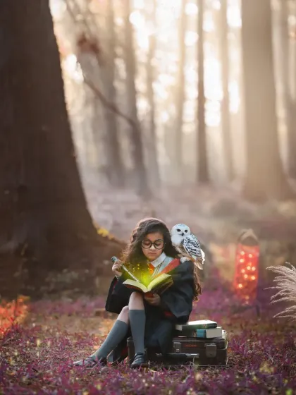With a little imagination and my background in visual effects, we can create pure magic. This Harry Potter themed shoot was about bringing a little girl's favorite story to life, complete with an owl companion and an enchanted forest.