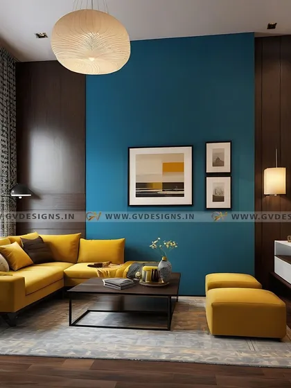 We enjoy playing with bold colors and textures to reflect our client's personality. This contemporary living room features a vibrant mustard yellow sofa set against a deep teal accent wall and dark wood panels, creating a space that is both dramatic and inviting.