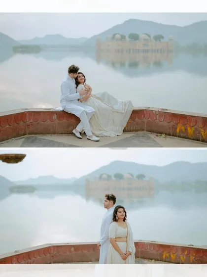 Nischal and Adithi sharing a quiet moment at Jal Mahal, with the Water Palace creating a dreamy and picturesque background.