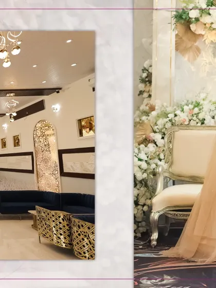 A collage showcasing the details of an elegant engagement. On the left, our venue's chic lounge seating; on the right, a close-up of the ornate chair and beautiful floral backdrop we created for the couple.