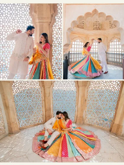 The vibrant, multi-colored lehenga stands out beautifully against the sandstone architecture. We helped Aditya and Neelam choose outfits that would pop, creating these lively and playful shots.
