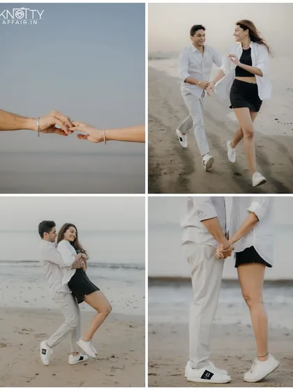 This collage focuses on the details and the dynamic movement of their beach shoot. Holding hands, running freely, and sharing a playful dance, it tells a story of their energetic love.