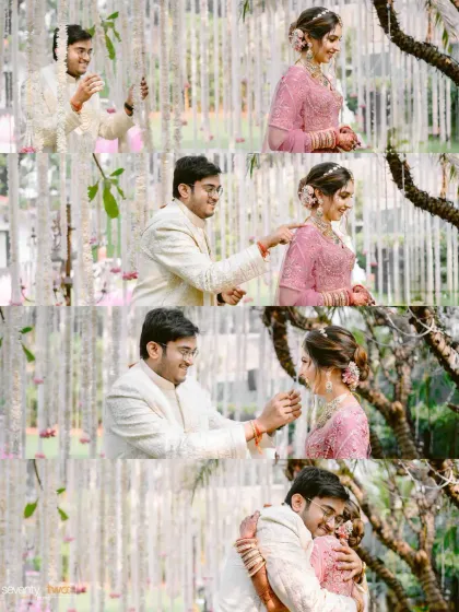 A sequence of four images showing the playful and tender moments of the varmala exchange, from the playful teasing to the final, loving embrace.