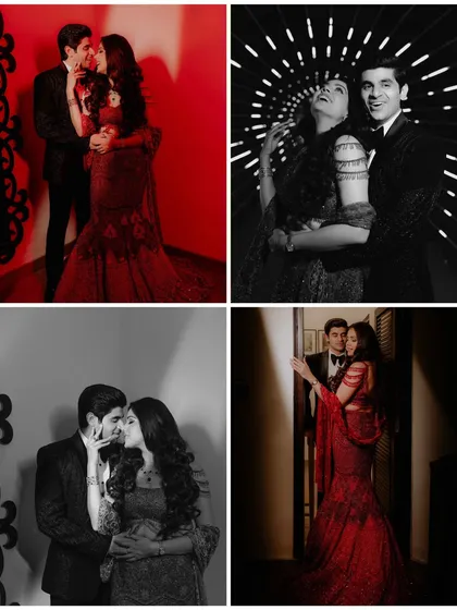 A collage from a glamorous engagement party. It combines color and black and white shots to capture the different moods of the evening, from intimate kisses to stylish, posed portraits.