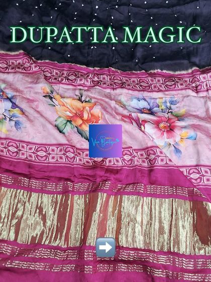 The magic of a beautiful dupatta. This piece combines Bandhej, digital floral prints, and a shimmering border to create a truly unique and eye-catching accessory.