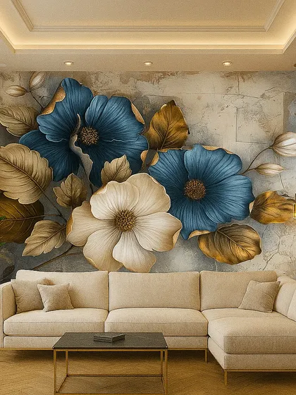 A beautiful 5D floral wallpaper with blue and cream-colored flowers on a textured stone background. The golden leaves add a touch of warmth and luxury.