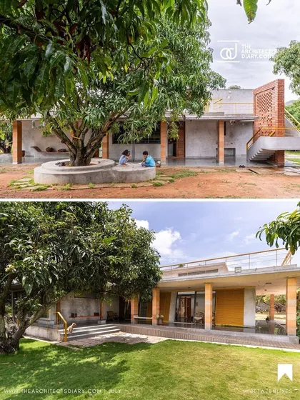 A composite image featured in a publication, showing two key views of the Aamra residence. It highlights the home's contextual design, inspired by local craftsmanship and harmony with nature.
