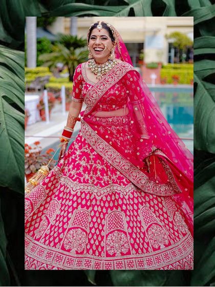 The bride's joyful portrait, framed with a leaf border for a creative and modern look.