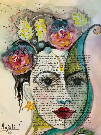 An old book page becomes a new canvas. For this piece, I layered a watercolor and ink portrait over the printed text, creating a fusion of stories where the woman's face and the words beneath her coexist.