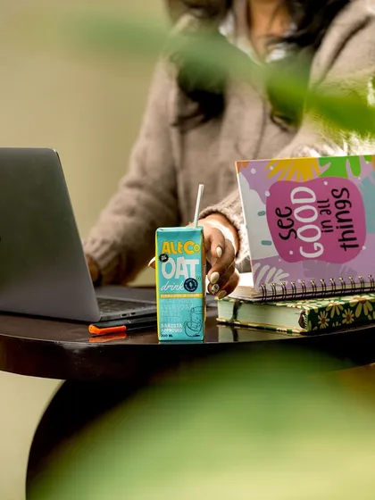 Alt Co. oat milk positioned as the perfect work-from-home companion. This relatable lifestyle scene shows how the product fits into the daily lives of its target audience.