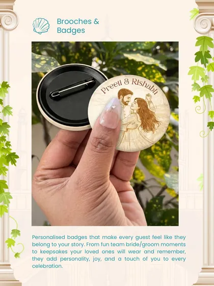 Your wedding squad deserves to feel special too. We create these fun, personalized badges with custom caricatures and text, perfect for 'Team Bride' and 'Team Groom' to wear with pride.