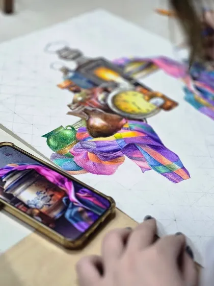 Another angle of the colored pencil still life, showing the intricate details and vibrant colors being layered to create a realistic and dynamic image.