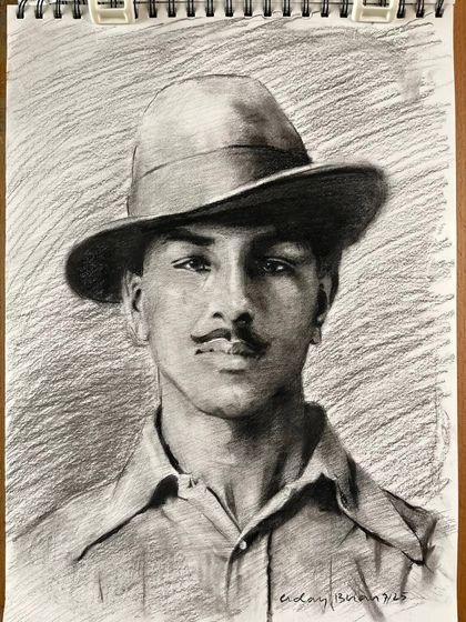 Another angle of the Bhagat Singh graphite sketch, showing the texture of the paper and the shading that creates a sense of depth.