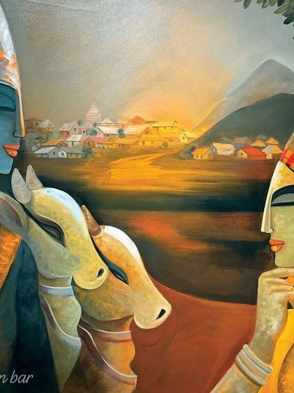 A serene painting for Raas Purnima, showing Lord Krishna with his cows looking towards a village in the distance.
