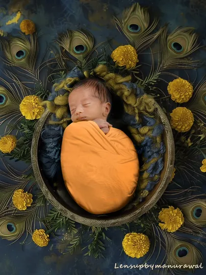 A truly artistic newborn portrait combining a rich tapestry of peacock feathers and marigolds. This setup blends traditional Indian elements with creative composition to produce a stunning, royal-themed image.