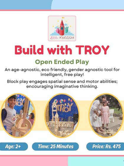 Another look at the "Build with TROY" activity. This graphic highlights how block play encourages intelligent, free play for kids aged 2 and up.