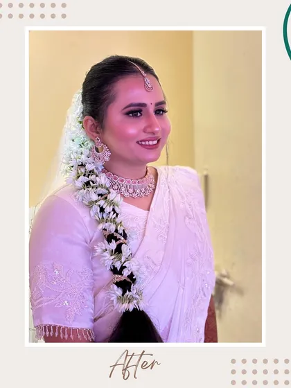 A closer look at the smile of a happy bride. The makeup is designed to be comfortable and long-wearing, ensuring she feels confident and beautiful throughout her wedding events.