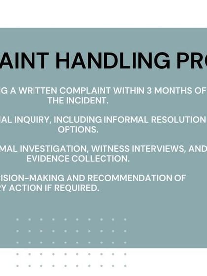 This infographic details the step-by-step complaint handling process that the IC must follow. It covers the timeline for filing a complaint, the initial inquiry, formal investigation, and the final decision-making process.
