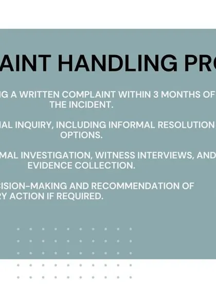 This infographic details the step-by-step complaint handling process that the IC must follow. It covers the timeline for filing a complaint, the initial inquiry, formal investigation, and the final decision-making process.