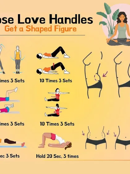 A routine to lose love handles and get a shaped figure, featuring a variety of floor exercises that target the obliques and lower back.