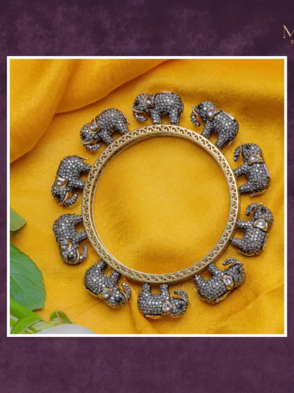 A truly unique piece from our collection. This kada features intricately crafted elephants studded with diamonds, celebrating Indian heritage with artistic flair.