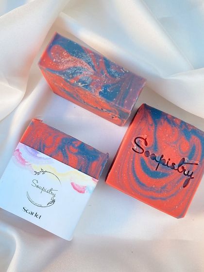 The "Scarlet" soap, a fiery mix of red and blue, perfect for a bold statement. This was part of my Valentine's Day collection.
