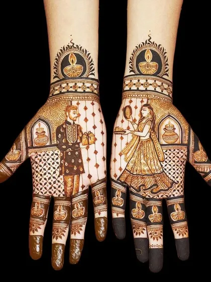 A Karwa Chauth story told through henna. One hand shows the husband with a gift, while the other shows the wife with her puja thali, all framed by auspicious diyas and pots.