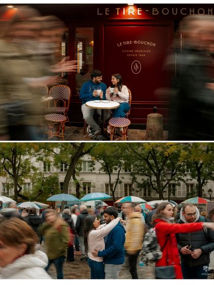 A collage showing a couple's story in Paris. They are seen sharing coffee at a classic French cafe and embracing amidst a bustling crowd, capturing both intimate and public moments of their love.