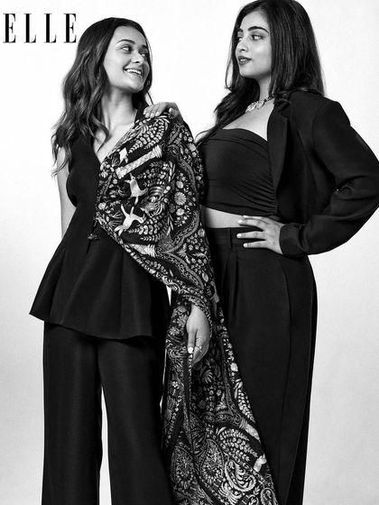 A black and white photograph from the ELLE India shoot. This classic format highlights how well-applied, clean makeup can define features beautifully.