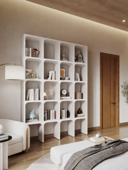 This bedroom project features a warm, minimalist design with natural wood tones and a focus on functionality. The renders highlight the clean lines of the furniture, a stylish bookshelf, and a calm, uncluttered aesthetic.