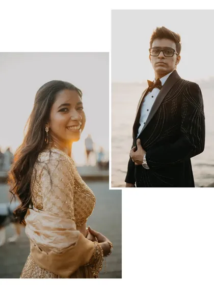 Individual portraits of the couple during their sunset shoot at Marine Drive. Her bright smile and his confident pose showcase their personalities against the beautiful seaside backdrop.
