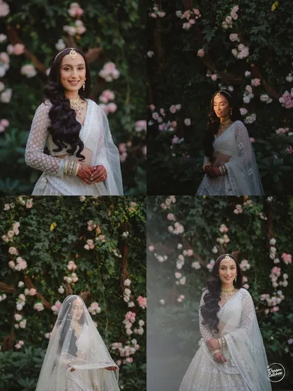 More beautiful portraits of the bride against a wall of pink roses, playing with sunlight and shadows to create different moods.