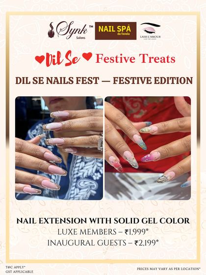 A festive offer for nail extensions with solid gel color. The image showcases two examples of long, artistic extensions, perfect for making a statement during the holidays.