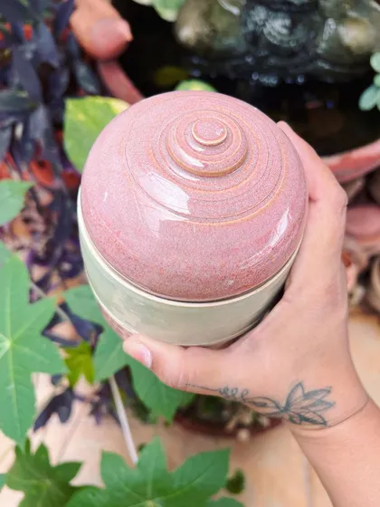 A lidded jar I created, held against the backdrop of my studio garden. Nature is always a big inspiration for my work.
