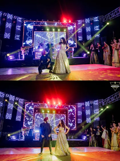 A collage of the couple's energetic dance performance on stage, capturing the fun and entertainment of their sangeet night.