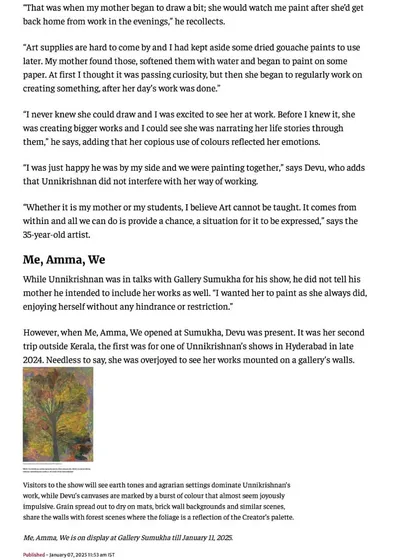 A page from The Hindu's article on the 'ME, AMMA, WE' exhibition, detailing the touching story of the mother-son artist duo.