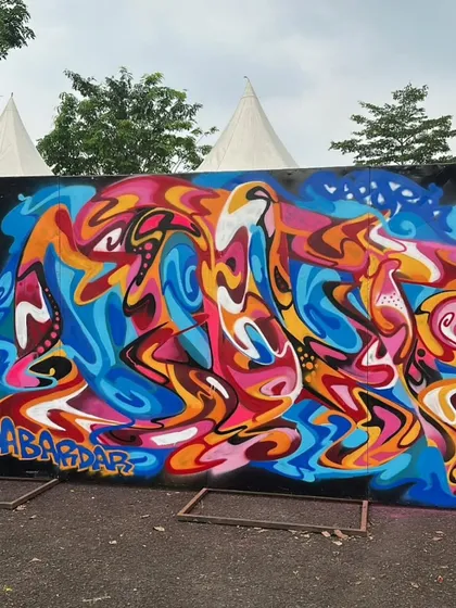 Another view of the Jakarta mural, showing how the different colors and shapes flow into one another.