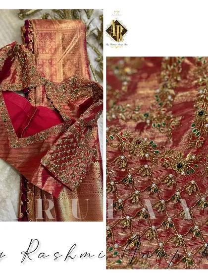 A closer look at the craftsmanship on a maroon bridal blouse. The design combines a lattice pattern with delicate floral motifs, with each pearl and stone meticulously hand-stitched.