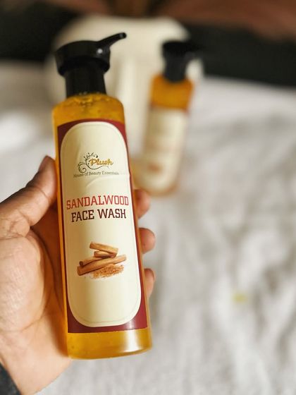 A close-up of the Sandalwood Face Wash bottle. This gentle cleanser is a perfect addition to your daily skincare routine for healthy, balanced skin.