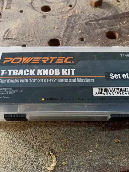 A T-track knob kit. These are incredibly useful for making jigs and fixtures, allowing for quick and easy adjustments.
