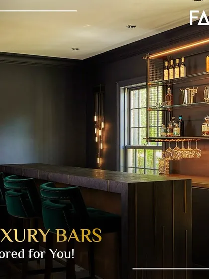 A well-designed bar considers every detail. Here, I combined a solid wood countertop with suspended metal and glass shelving for a look that is both industrial and elegant. The design provides ample seating and makes glassware a key part of the decor.