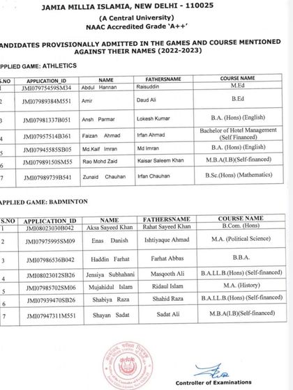 The 2022-23 admission list for Athletics and Badminton. It showcases the breadth of sports recognized under the quota and the corresponding courses like M.Ed and B.A.LL.B (Hons).