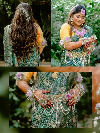 A collage focusing on the details of the traditional baby shower attire, including the intricate floral jewellery and the beautiful saree.