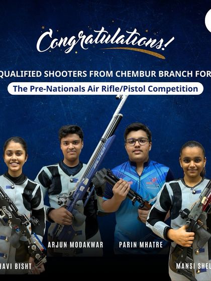 Congratulations to our talented shooters from the Chembur branch. Vaibhavi, Arjun, Parin, and Mansi all qualified for the Pre-Nationals Air Rifle and Pistol Competition.