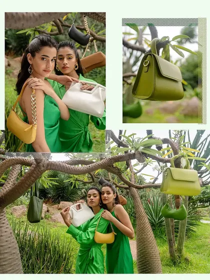A collage from the Sarjaa campaign, showing a variety of shots. It includes model portraits, product close-ups, and wider shots of the bags in a natural setting, offering a complete campaign overview.
