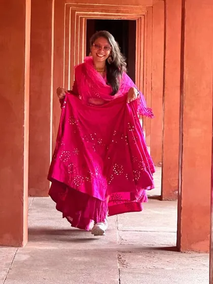 Another fun shot of our rani pink lehenga. It's the perfect Barbie-inspired look for any festive occasion.